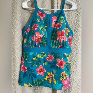 Lands End Teal Tropical Floral Sz 18W Keyhole Neck Tankini SWIM TOP